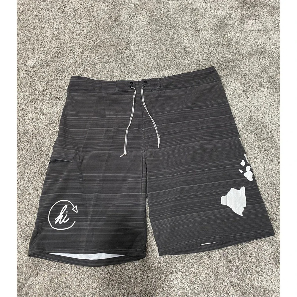 Wailoa Mens Board Shorts Size 42 Black Striped Hawaii Graphic Swim Trunks